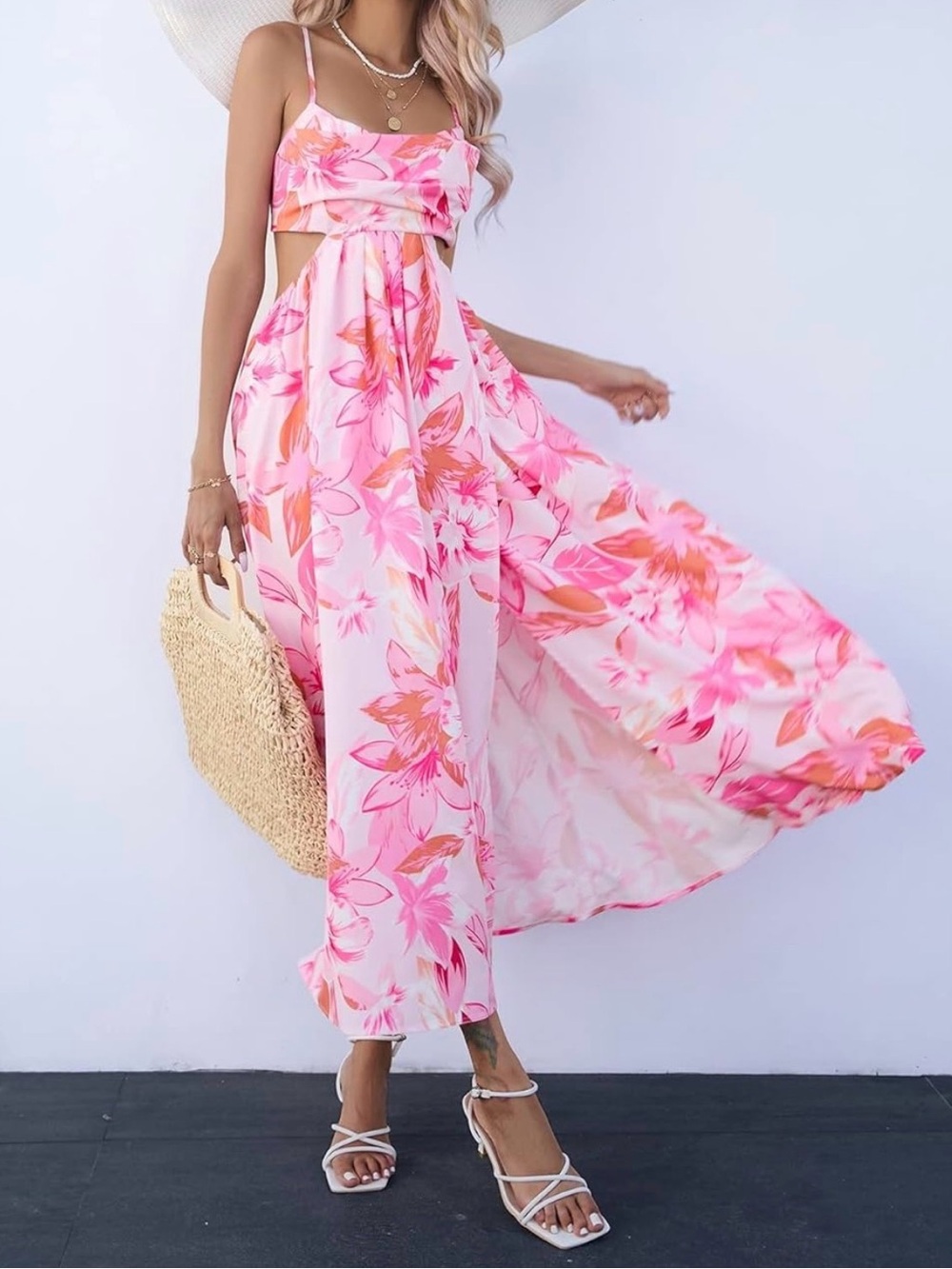 Pink Floral Maxi Dress with Spaghetti Straps